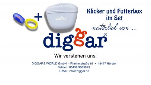 DIGGAR® Clickertraining, 3-teilig, Clicker / Silikon-Futterbeutel und ausführliches Clickertrainings Video als QR Code